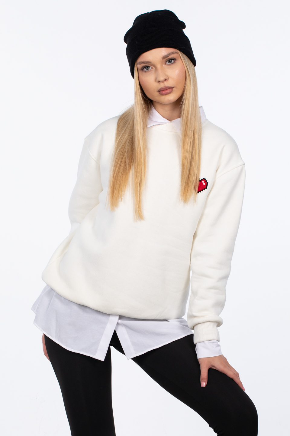 Göğsü kalp detaylı sweatshirt-83-560 Ekru