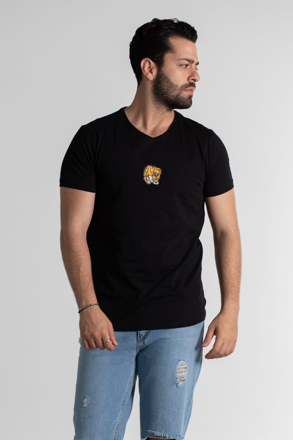 Göğüs aslan baskı t-shırt-2367 Siyah