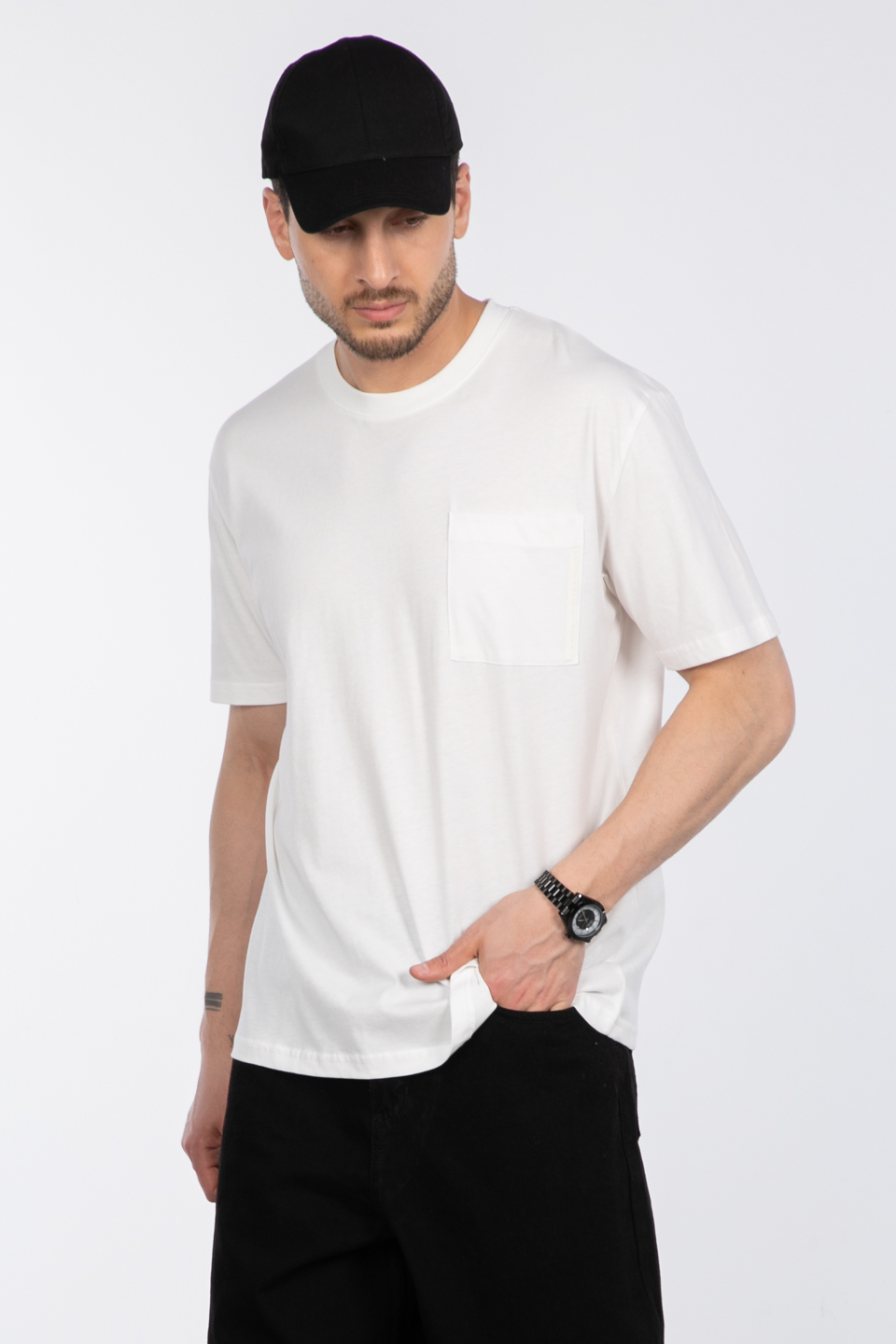 Göğüs cepli relax fit t-shirt-2271 Beyaz