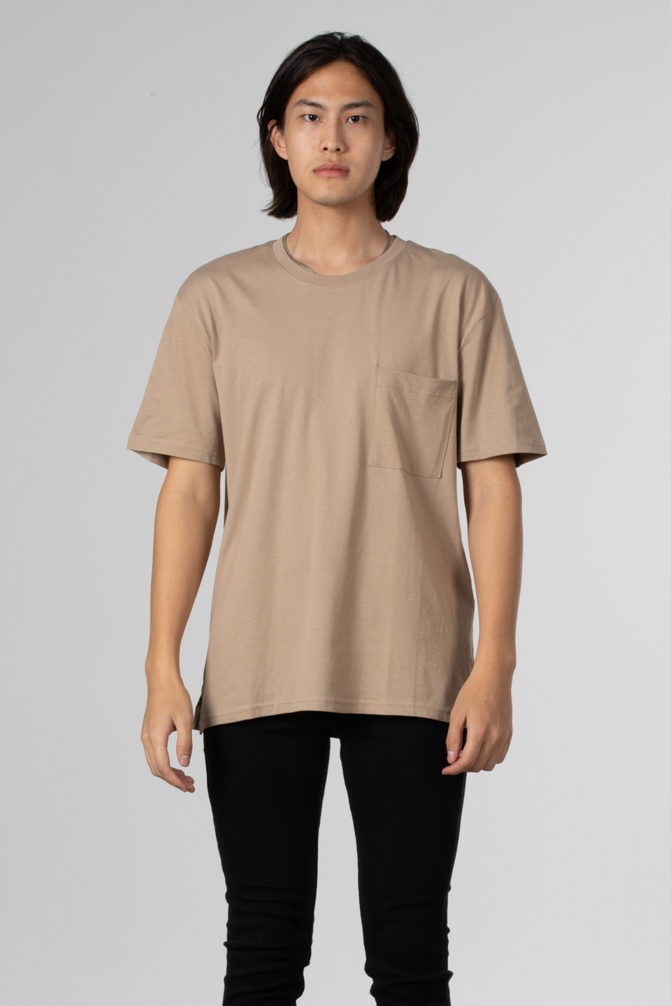 Göğüs cepli relax fit t-shirt-2271 Vizon
