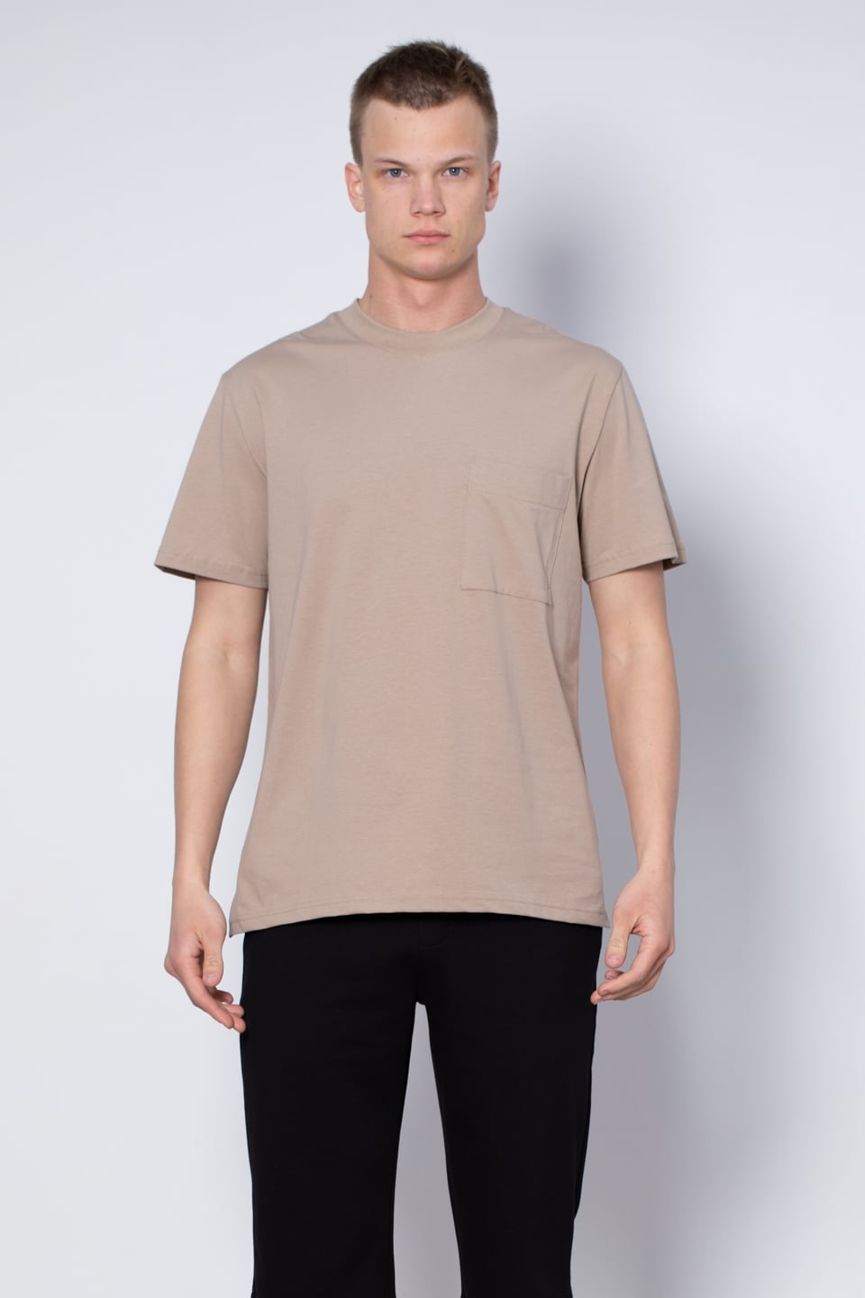 Göğüs cepli relax fit t-shirt-2271 Vizon