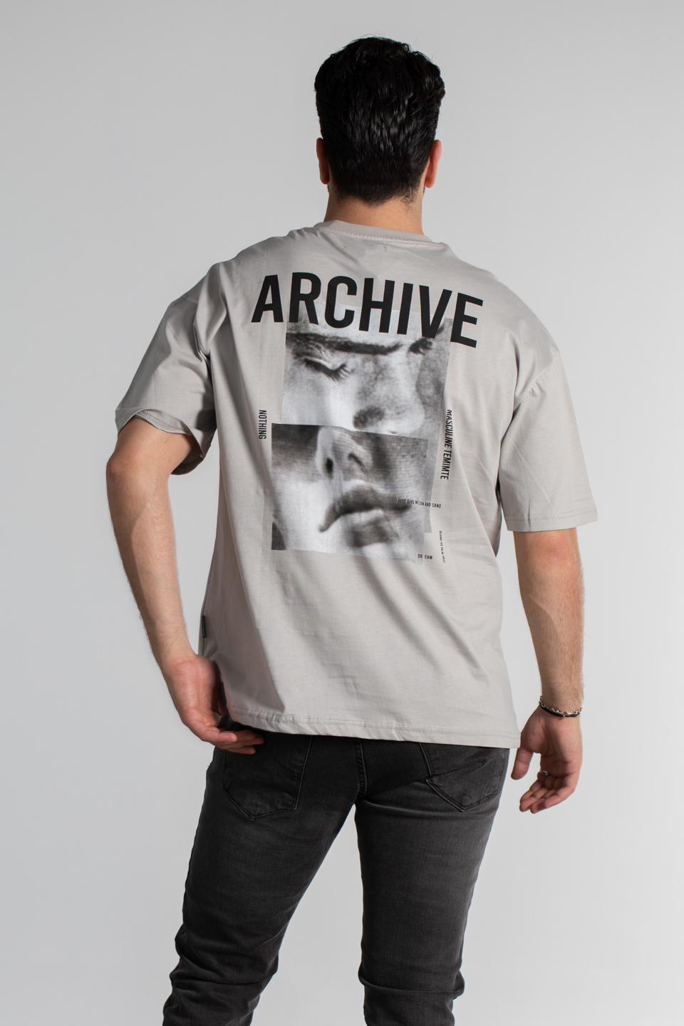 Göğüs nothing baskılı oversize t-shirt-4463 B.Gri