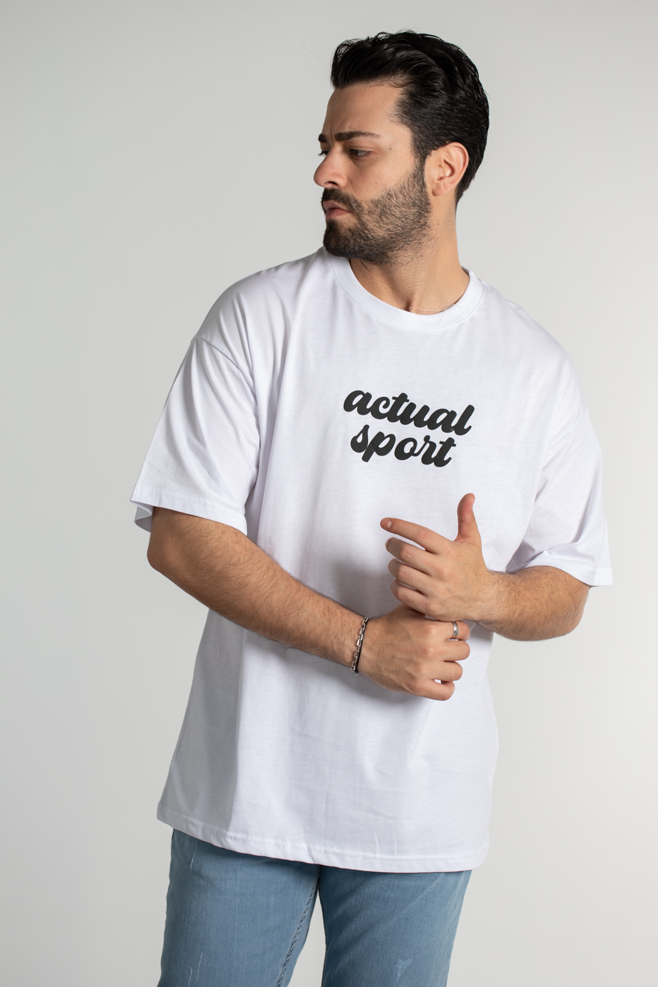 Göğüsü baskılı t-shirt-4002 Beyaz