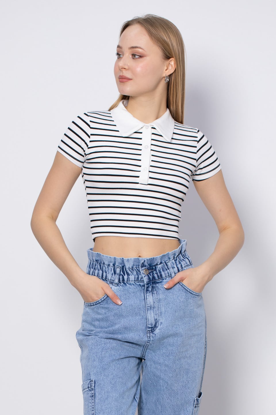 Gömlek yaka crop-6140 Beyaz/Siyah