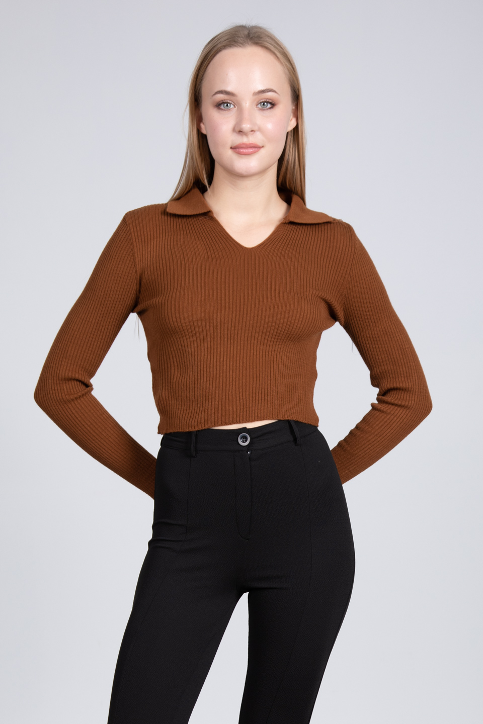 Gömlek yaka düz triko kazak-230013 Kahve
