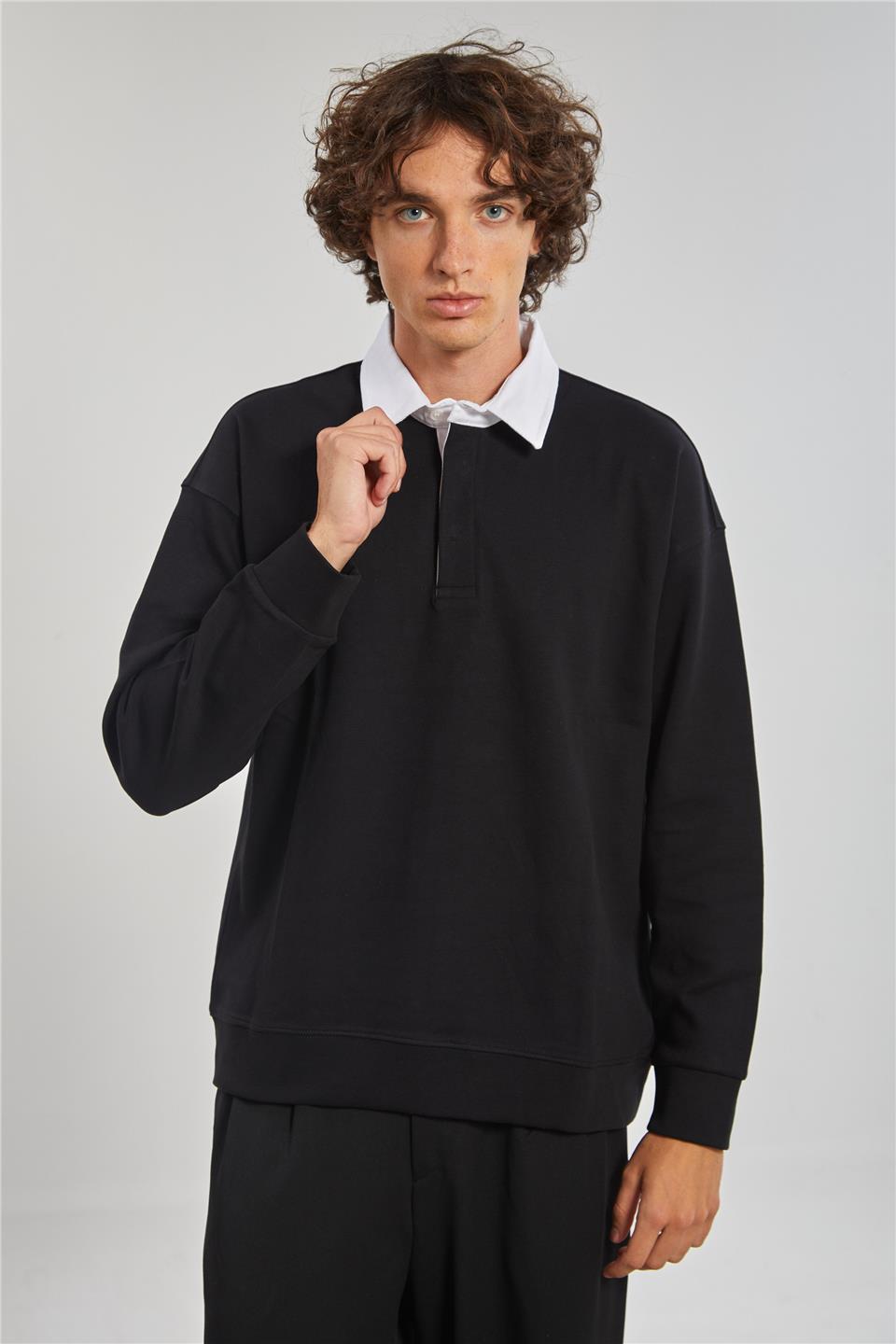 Gömlek Yaka Oversize Erkek Sweatshirt - Siyah