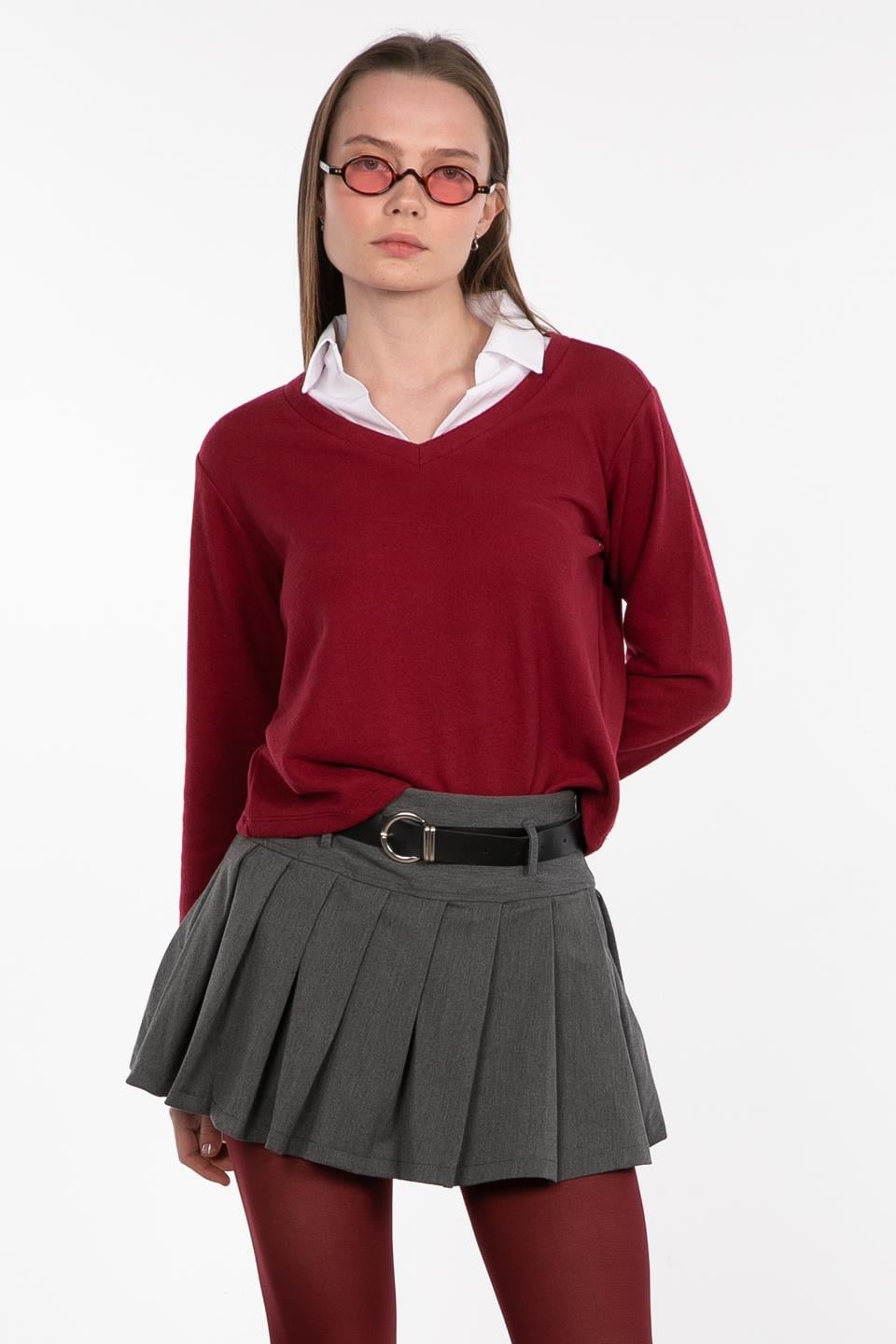 Gömlek yaka yumoş kazak-4658 Bordo