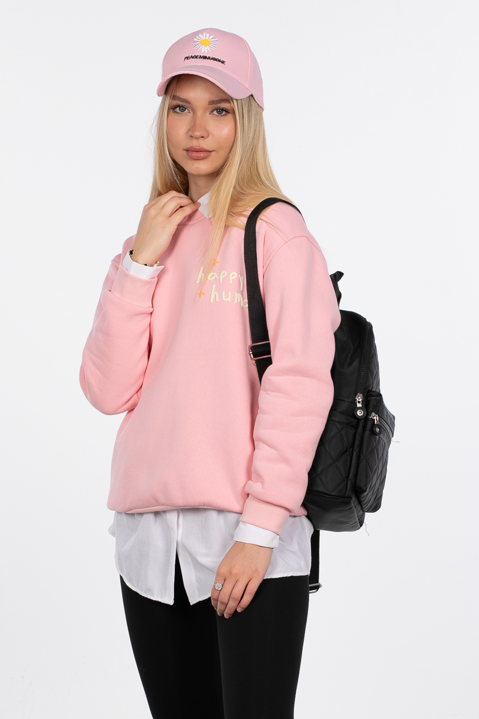 Happy human baskılı sweatshirt-83-566 A.Pembe