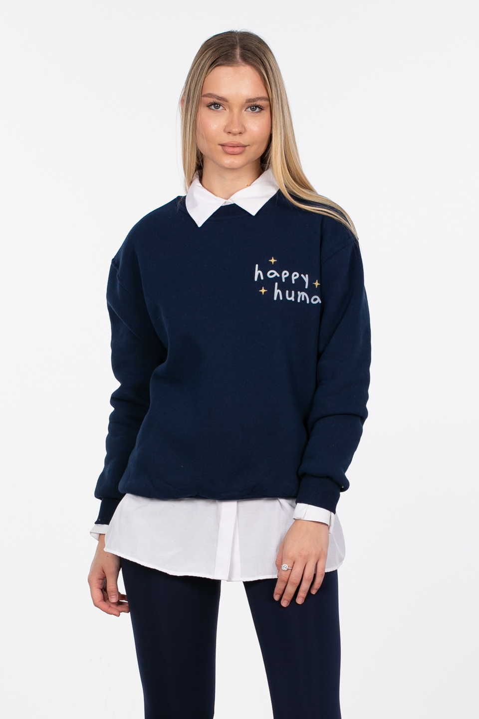 Happy human baskılı sweatshirt-83-566 Lacivert