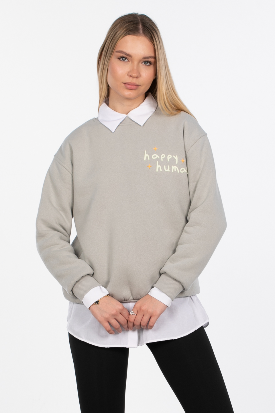 Happy human baskılı sweatshirt-83-566 B.Gri