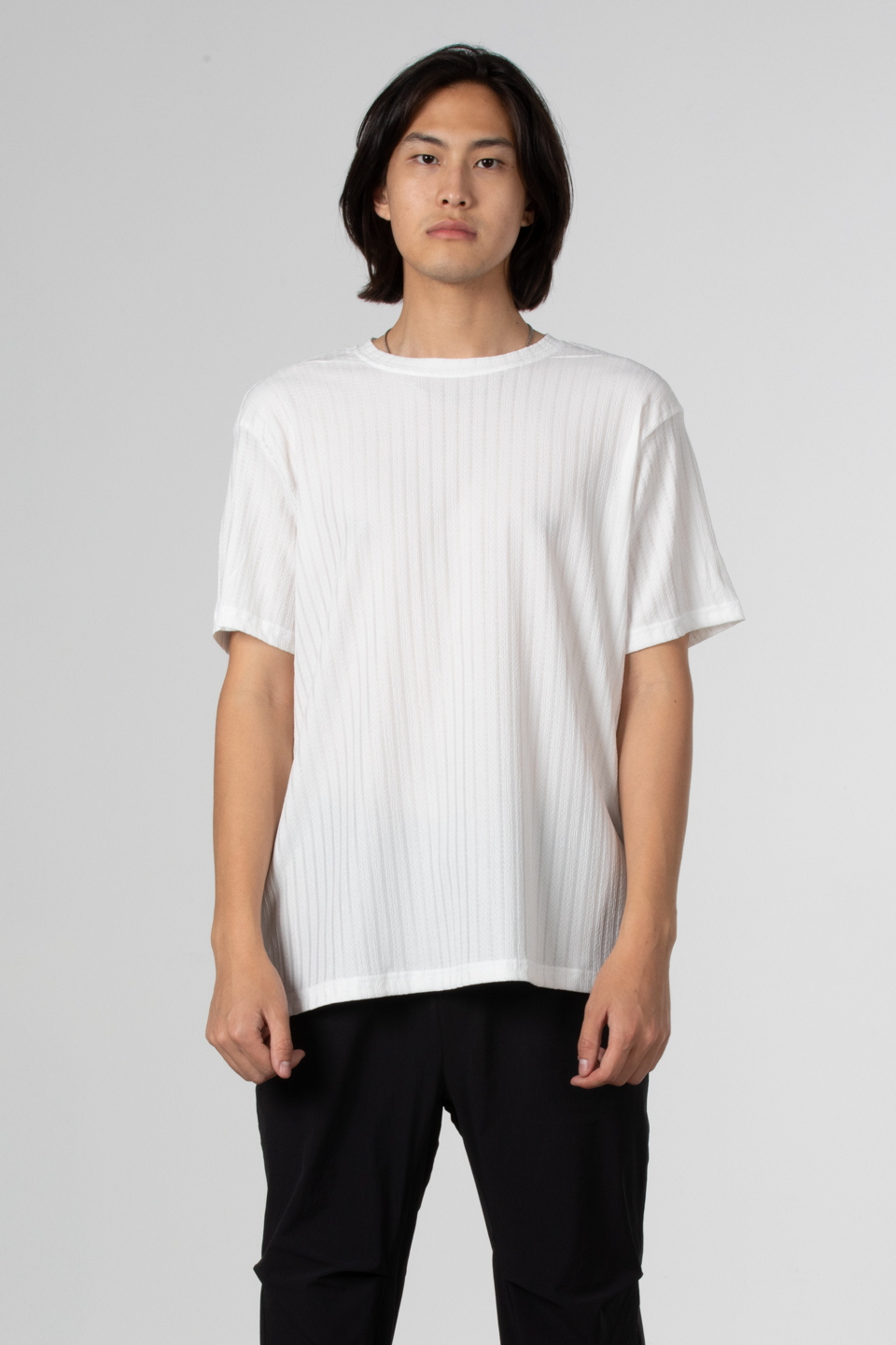 İnce çizgili jakar t-shirt-8021 Ekru