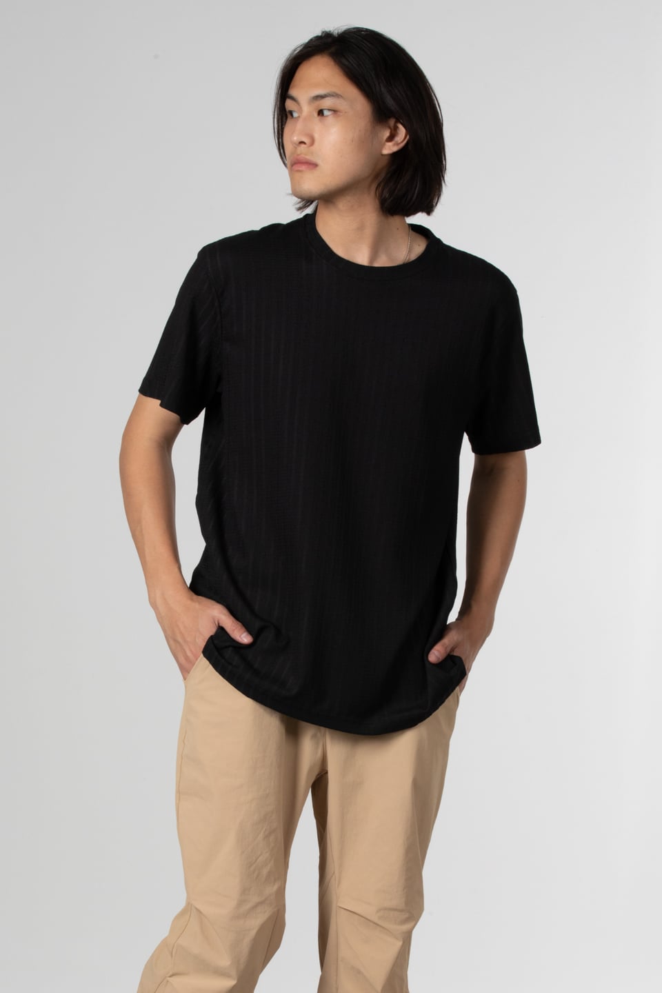 İnce çizgili jakar t-shirt-8021 Siyah