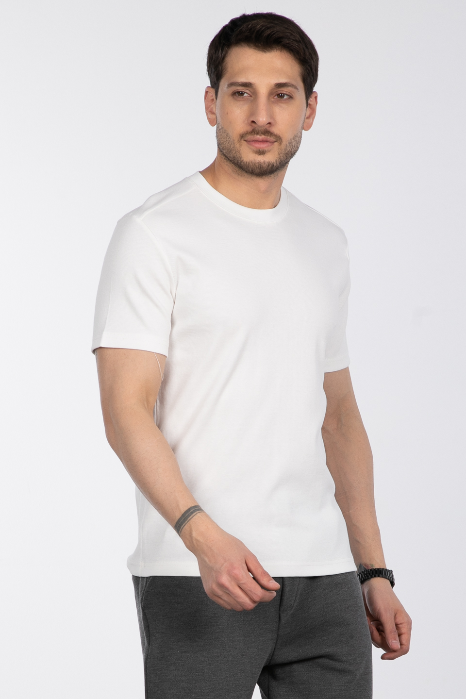 İnce fitilli basıc t-shirt-2936 Ekru