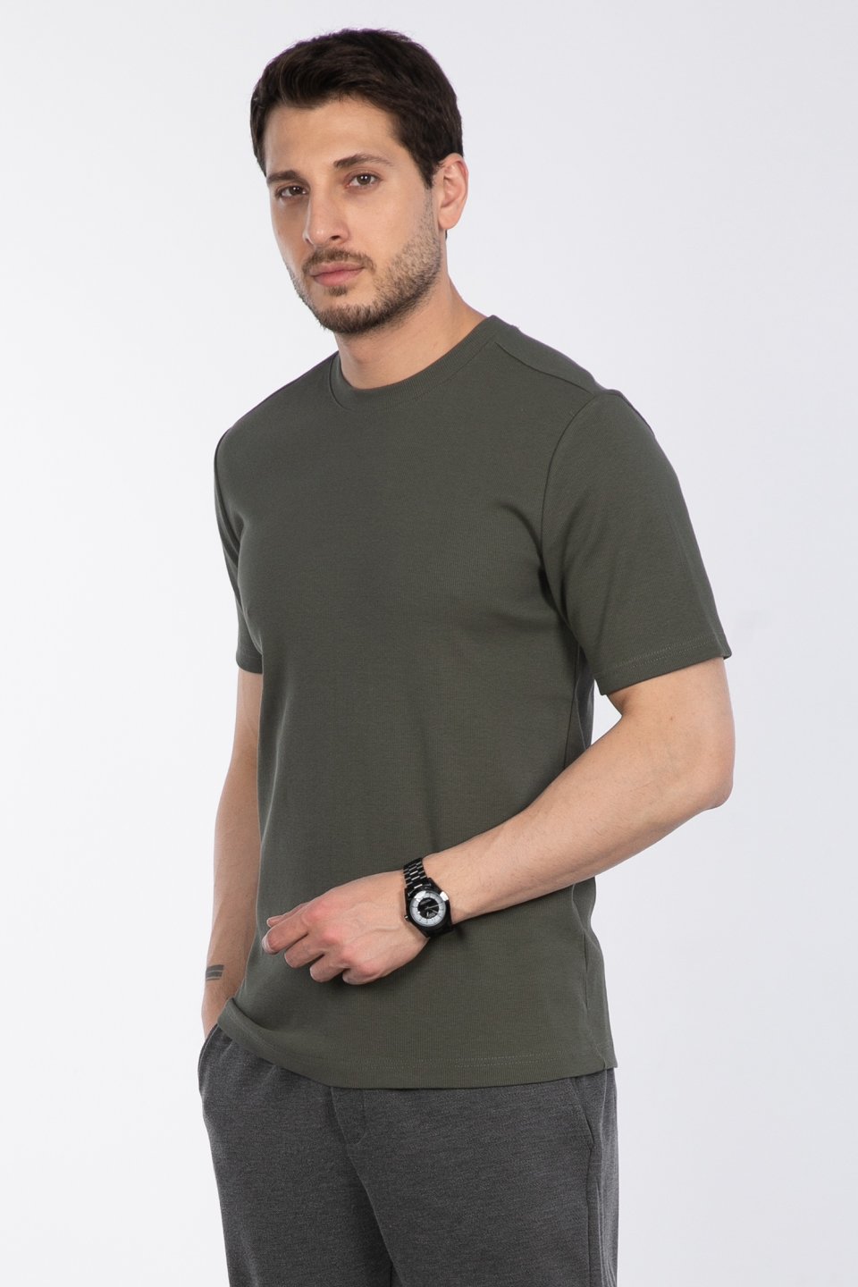 İnce fitilli basıc t-shirt-2936 Haki