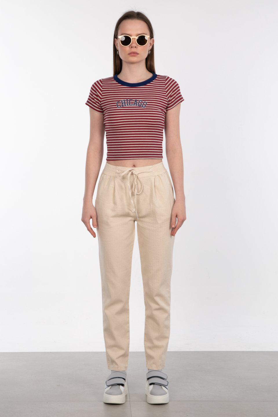 İp bağlamalı beli lastikli pantolon- 009 Yağmur Desen