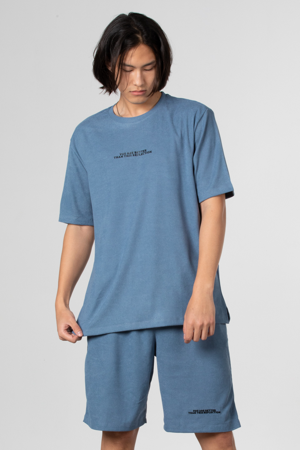 Jakar petekli ön yazı baskılı t-shirt-1016 İndigo