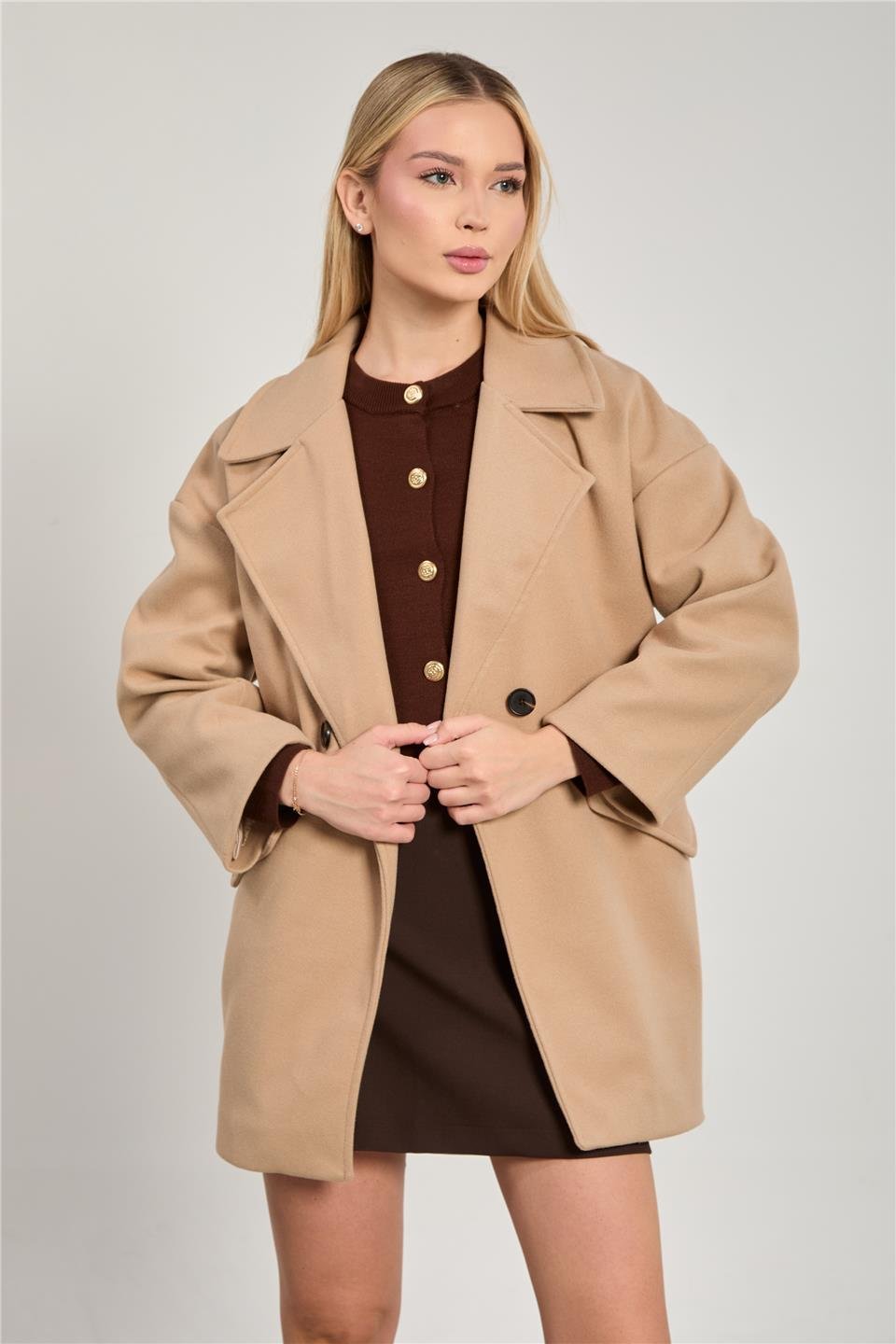 Kadın Cep Kapaklı Oversize Kaban Ceket - Vizon