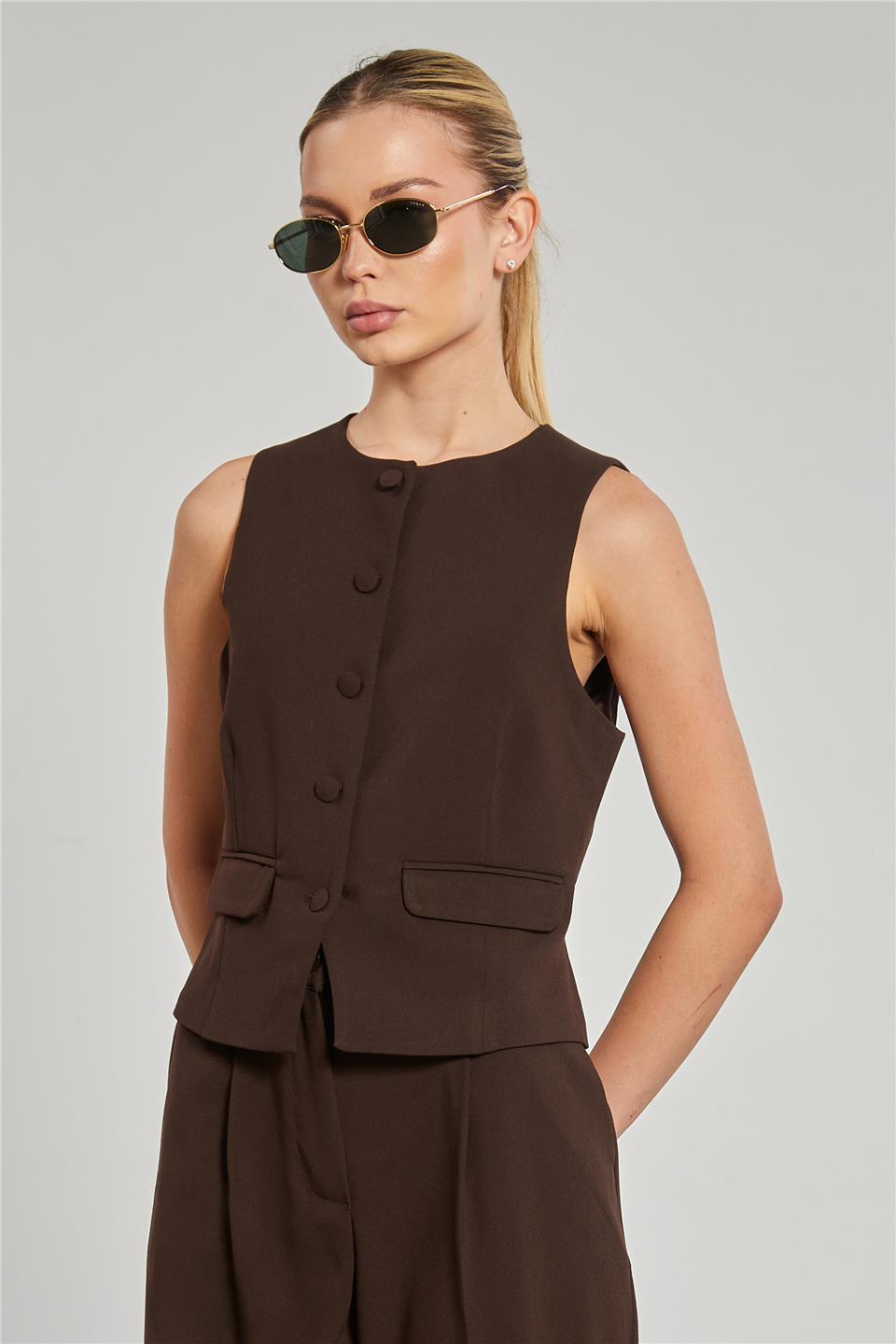 Kadın Cep Kapaklı Poliviskon Yelek - Kahve