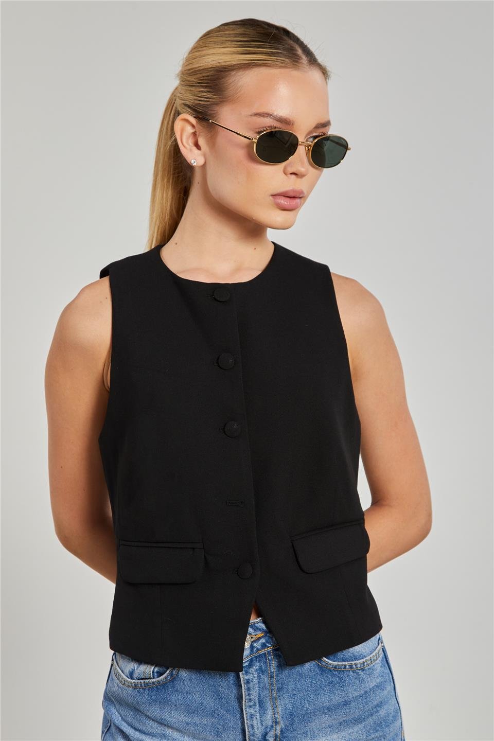 Kadın Cep Kapaklı Poliviskon Yelek - Siyah