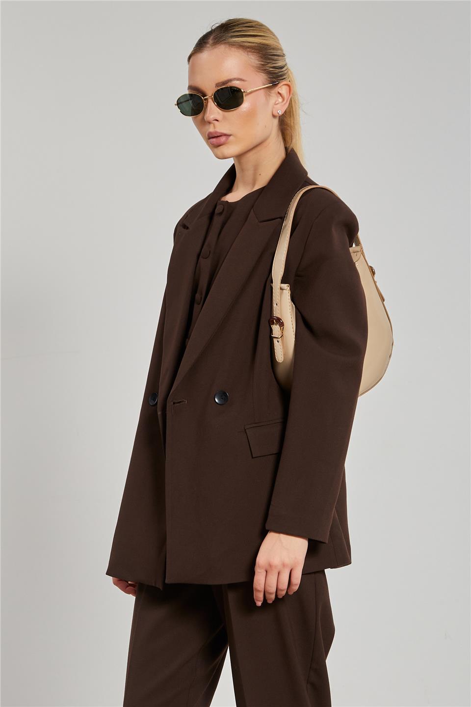 Kadın Çift Düğmeli Blazer Ceket - Kahve