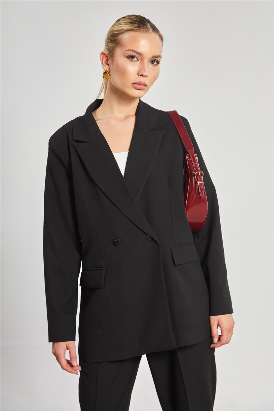 Kadın Çift Düğmeli Blazer Ceket - Siyah
