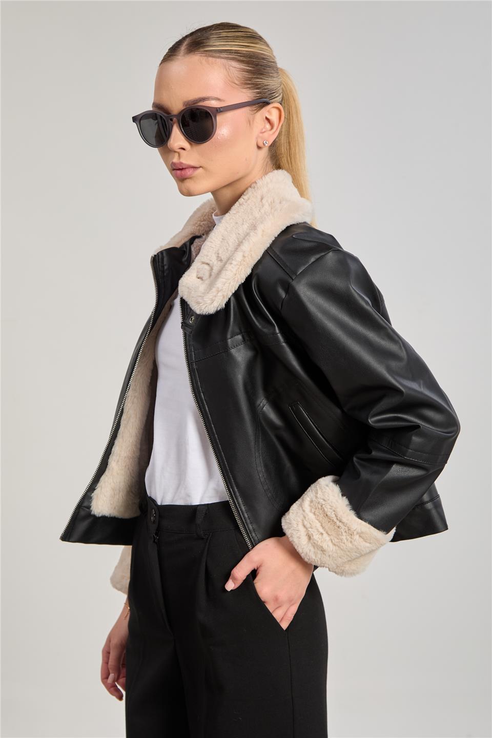 Kadın Deri Görünümlü Kısa Ceket - Siyah