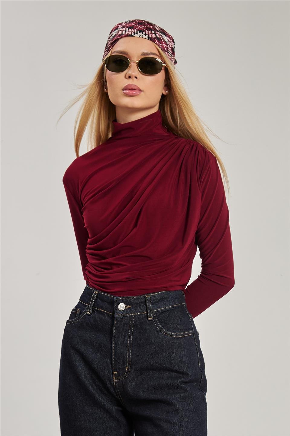 Kadın Drapeli Uzun Kollu Bluz - Bordo