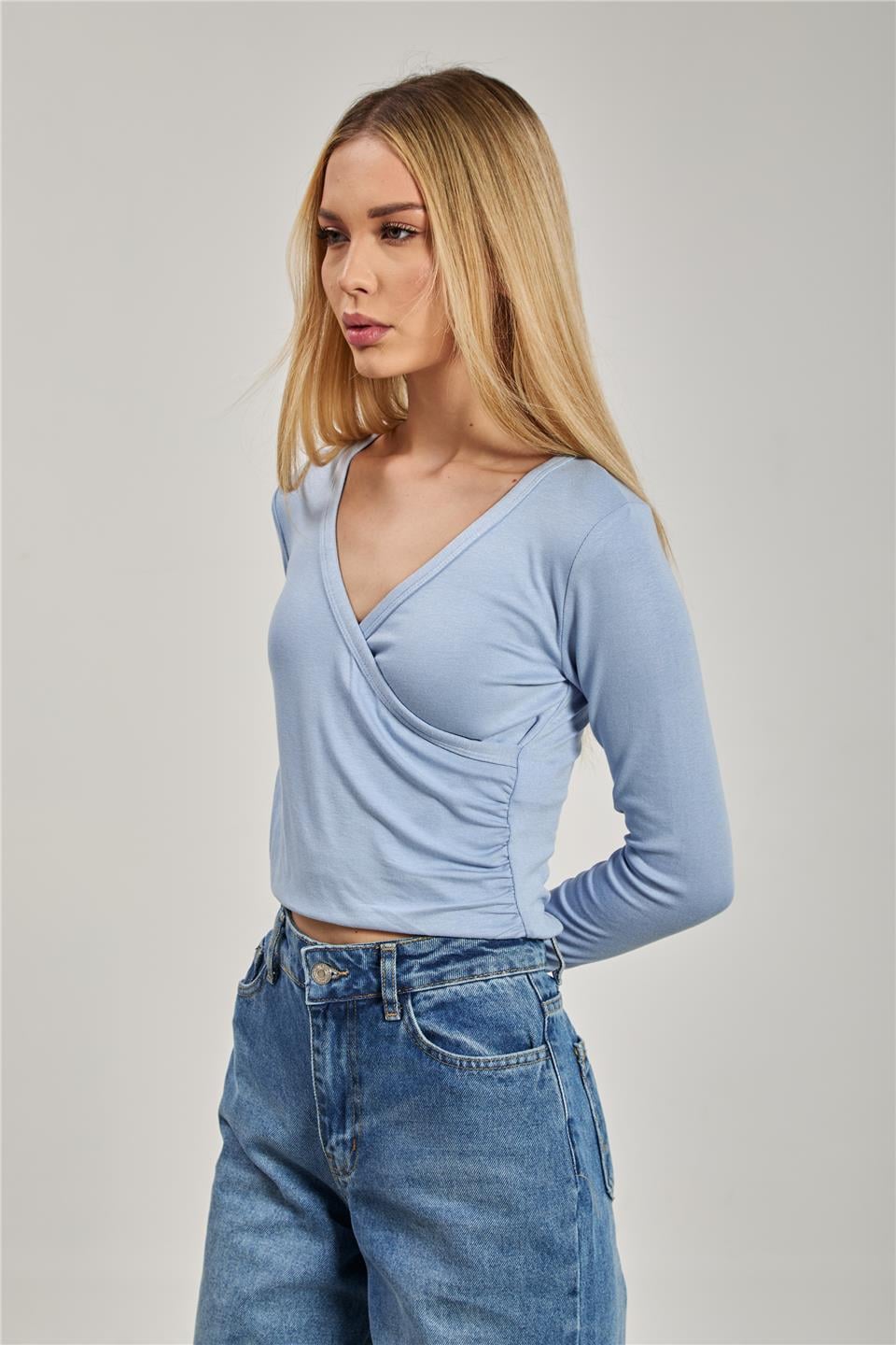 Kadın Kruvaze Yaka Uzun Kol Body - Mavi