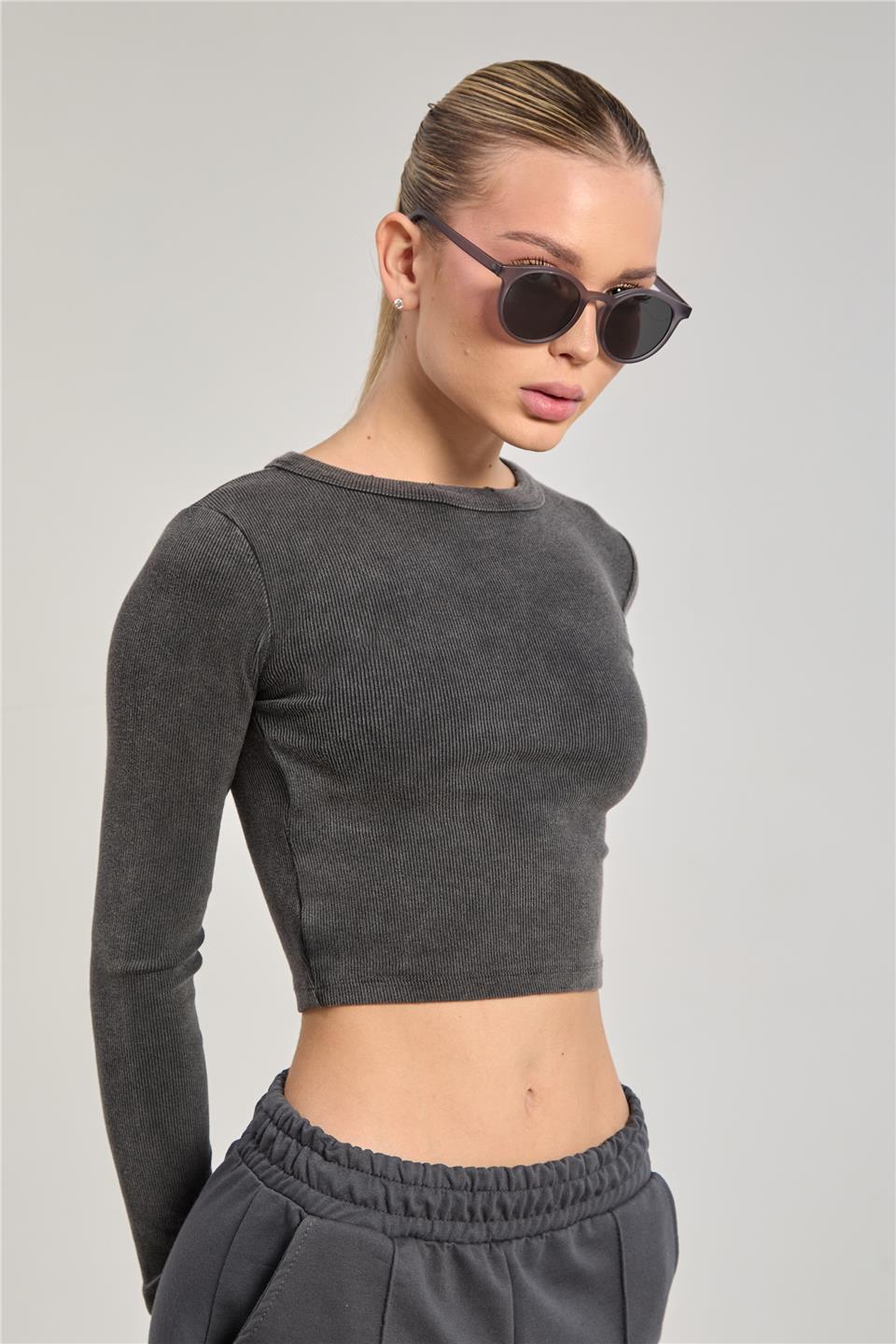 Kadın Yıkamalı Uzun Kol Body - Antrasit 