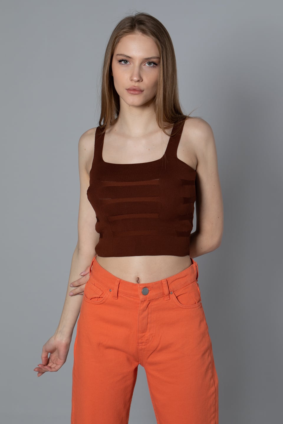 Kalın askılı crop body-8367 Kahve