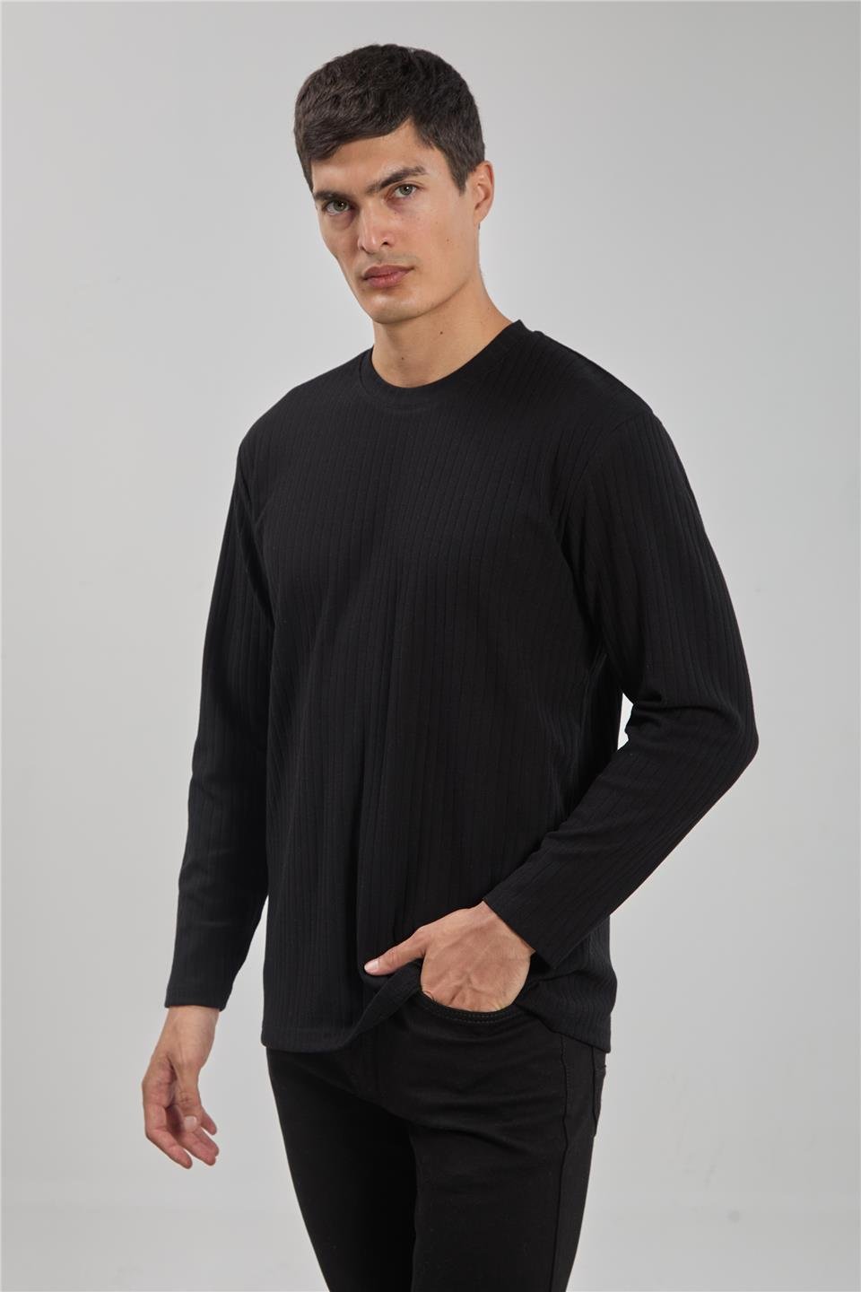 Kalın çizgili kaşkorse sweatshirt-1255 Siyah