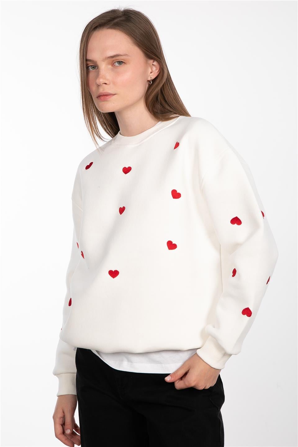 Kalpli bisiklet yaka sweatshirt-83-523 Ekru