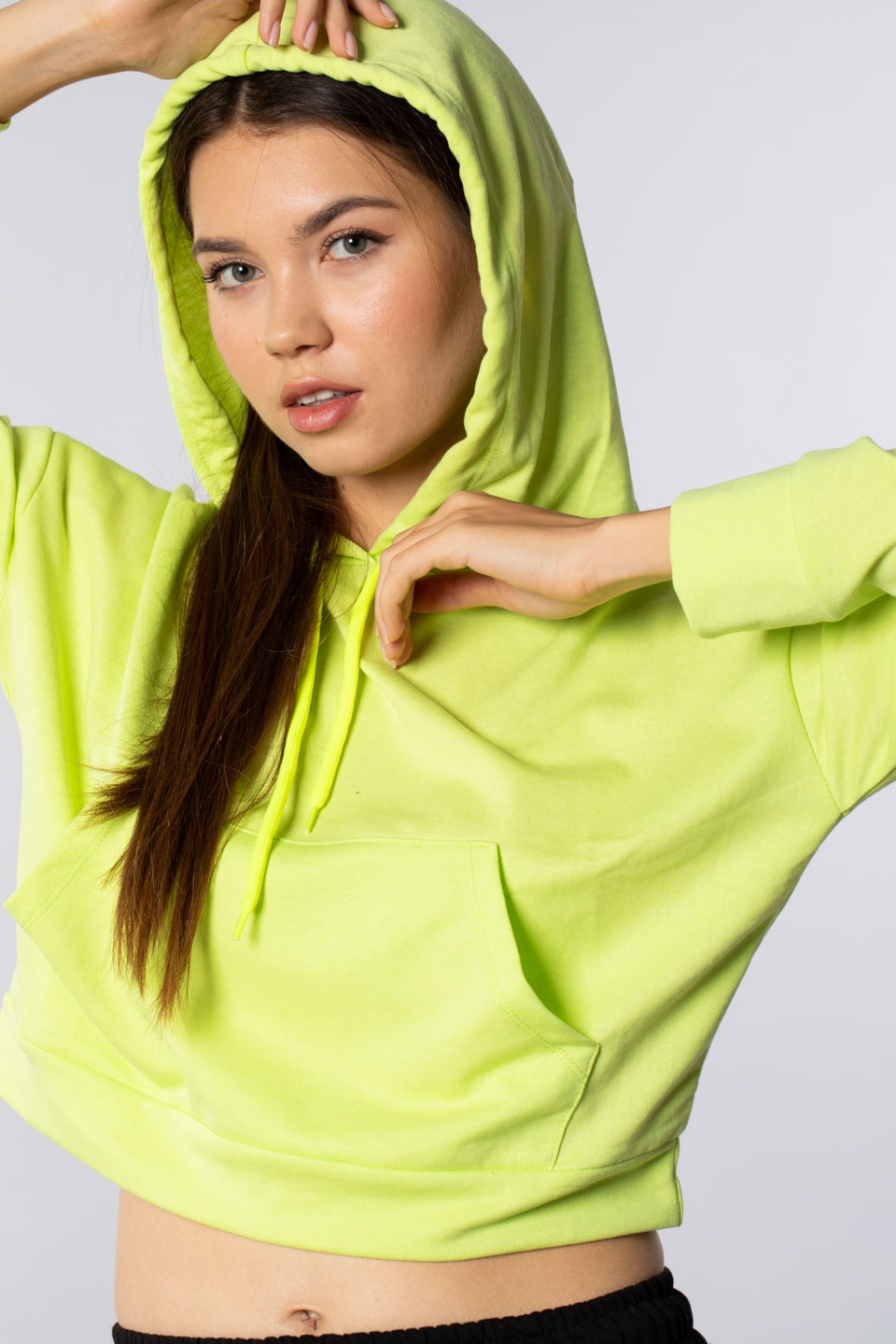 Kanguru cepli kapüşonlu sweatshirt-7073 Neon Yeşil 