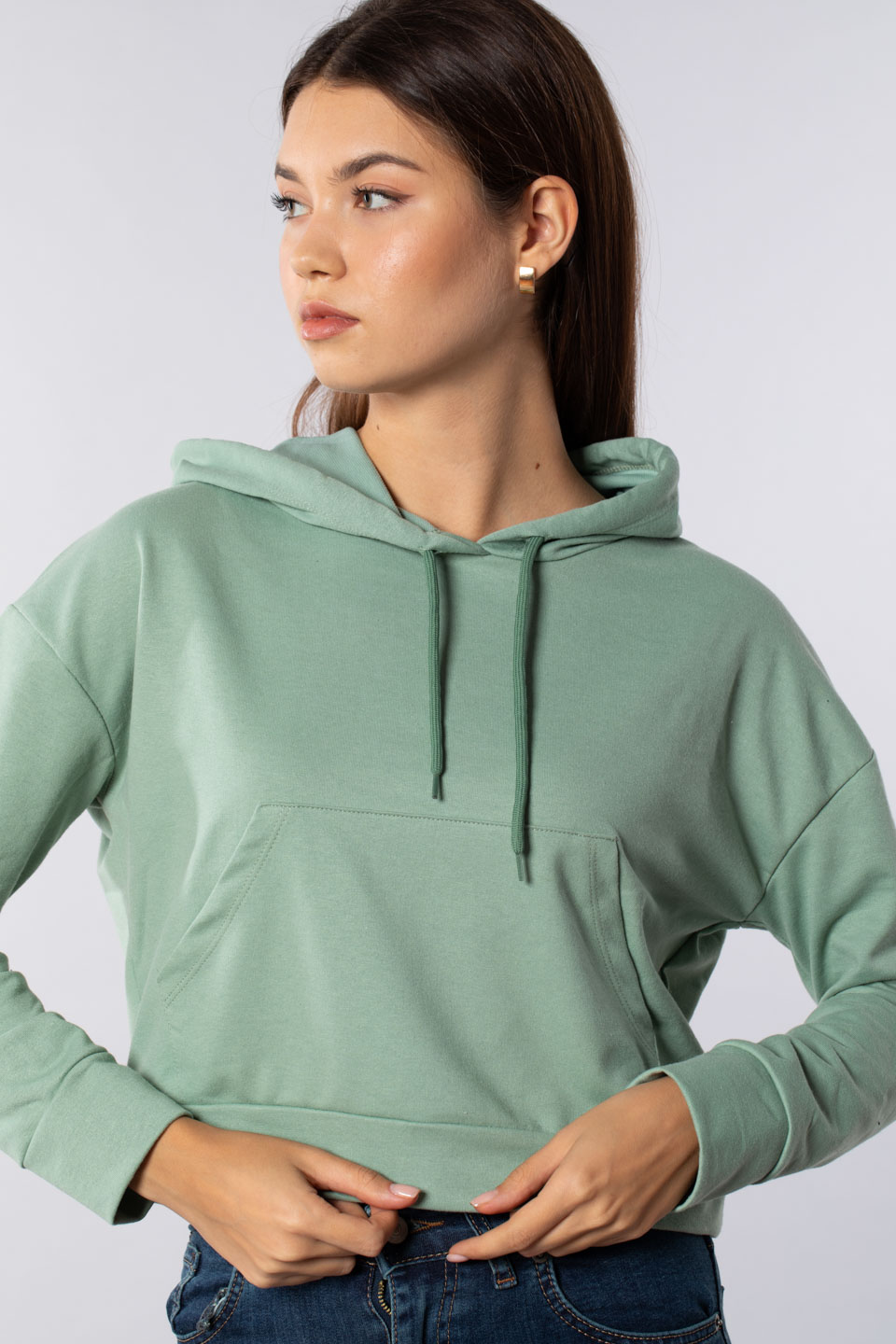 Kanguru cepli kapüşonlu sweatshirt-7073 Mint
