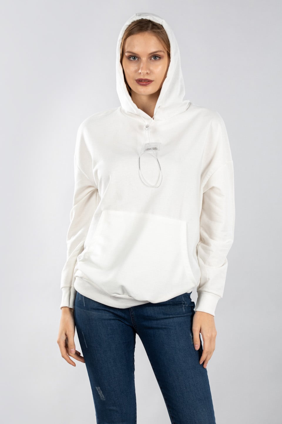 Kanguru cepli sweatshirt-9648 Ekru
