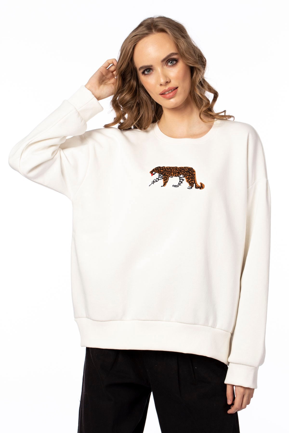 Kaplan nakışlı sweatshirt-307 Ekru