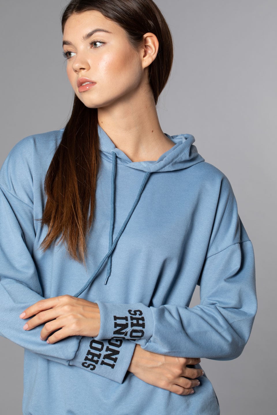 Kapüşonlu Arka Baskılı Sweatshirt-Mavi