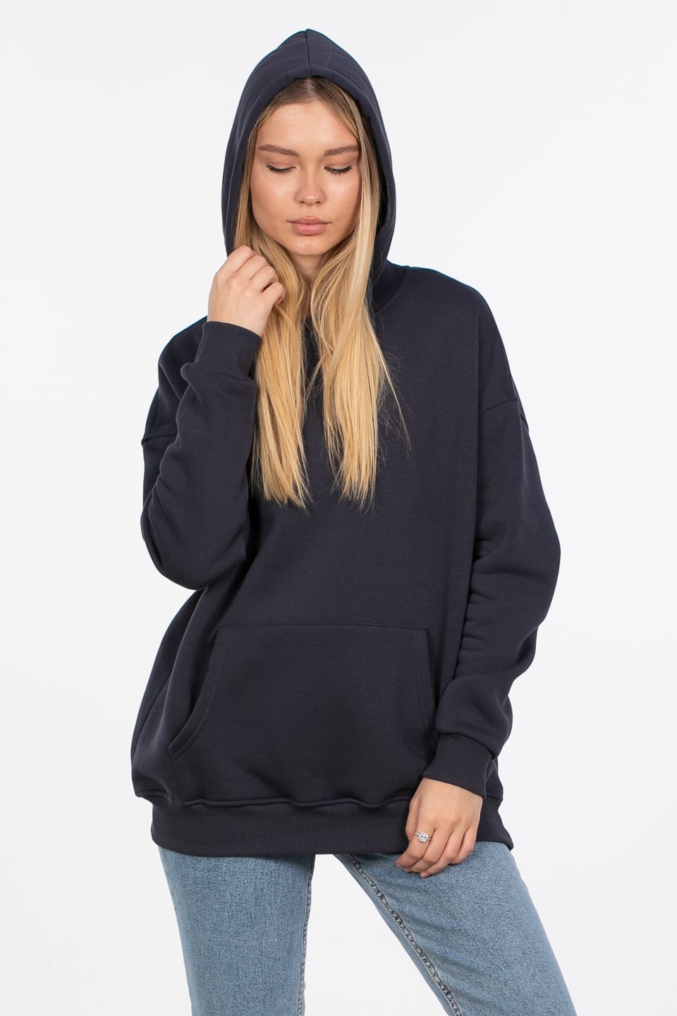 Kapüşonlu arka yazı baskılı sweatshirt-DVN0846 B.Antrasit
