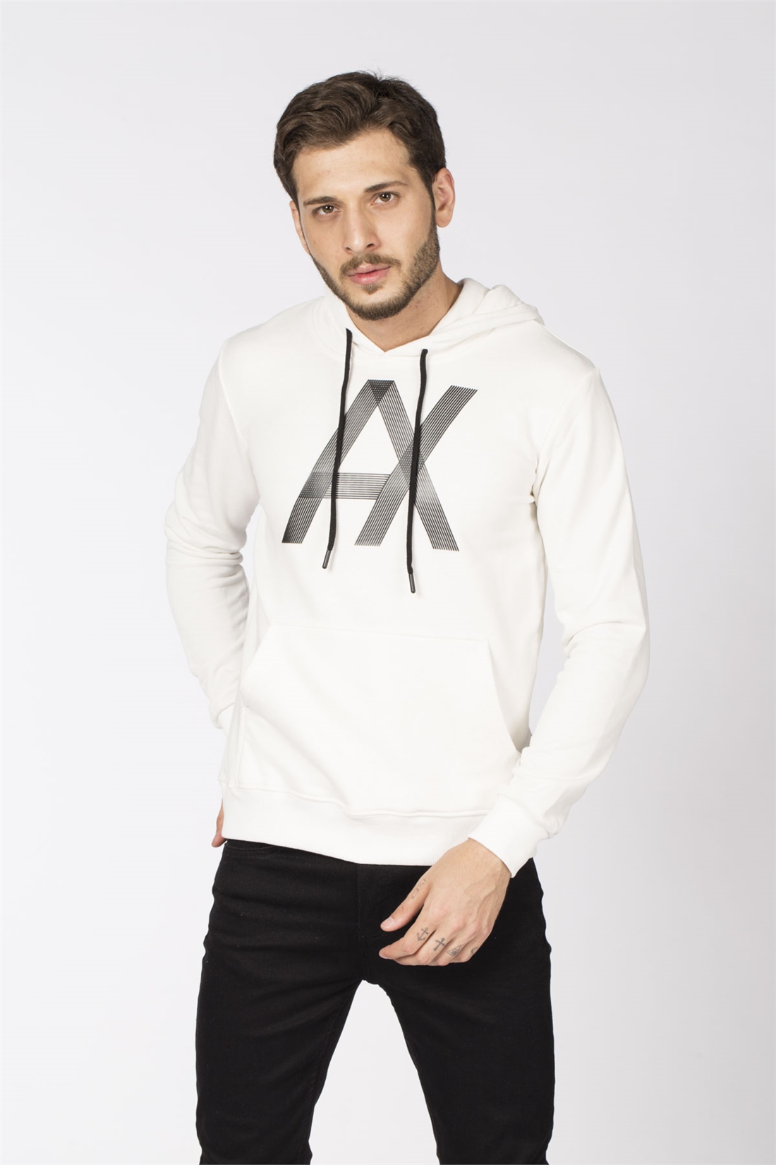 Kapüşonlu Ax Baskılı Sweatshirt-Ekru