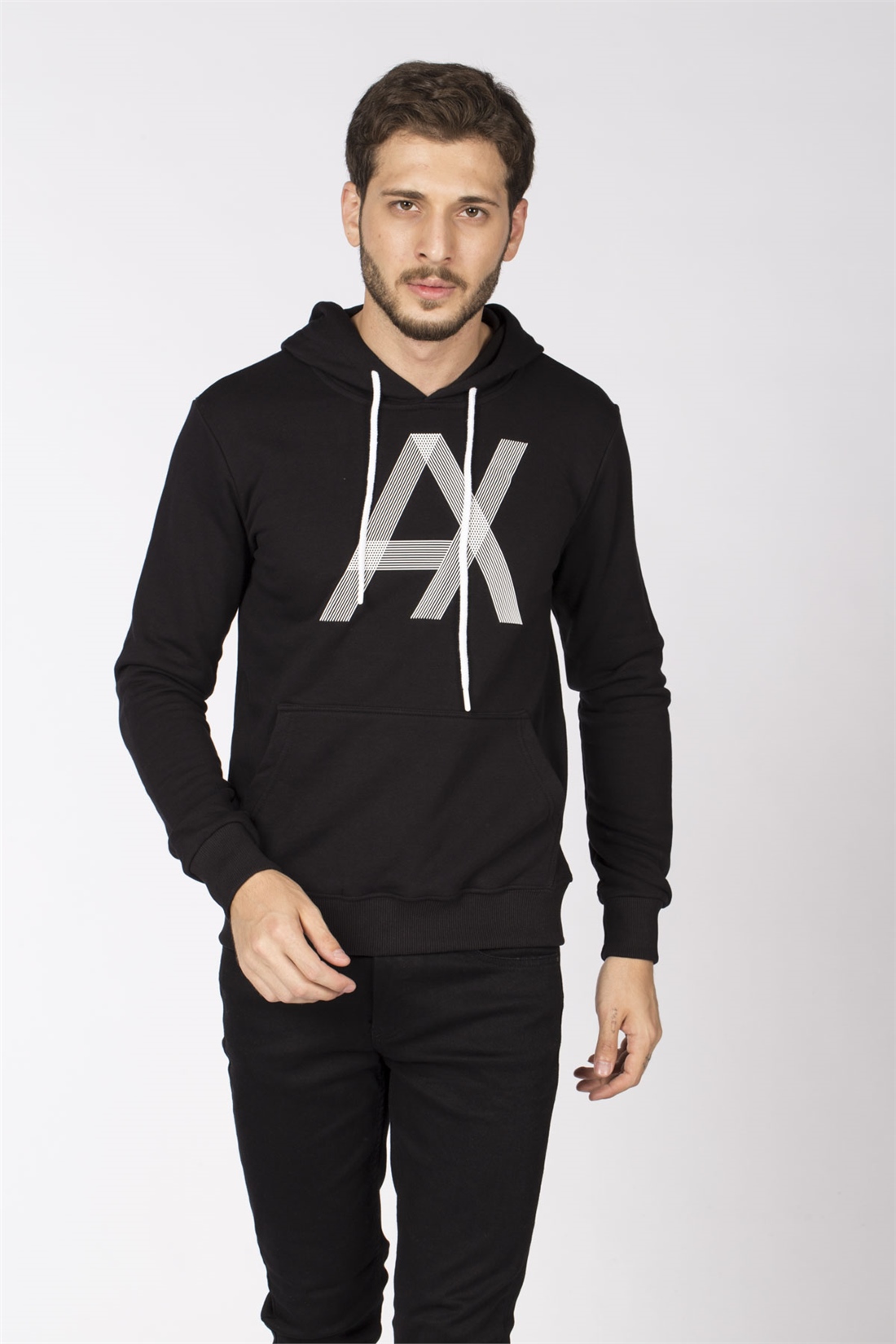 Kapüşonlu Ax Baskılı Sweatshirt-Siyah