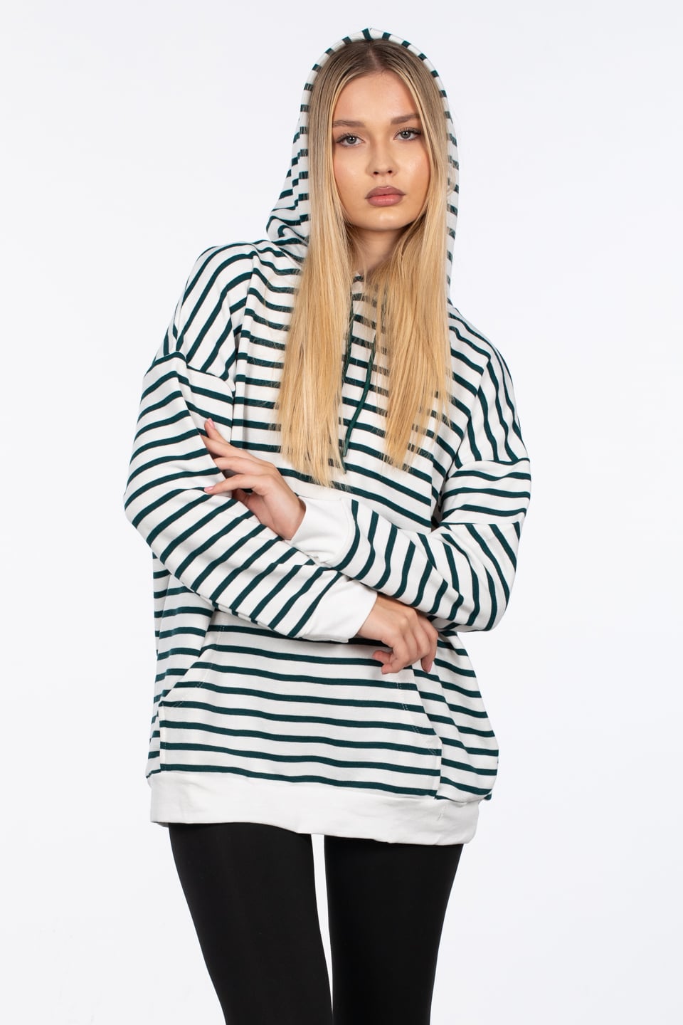Kapüşonlu çizgili sweatshirt-5041 Beyaz/Nefti