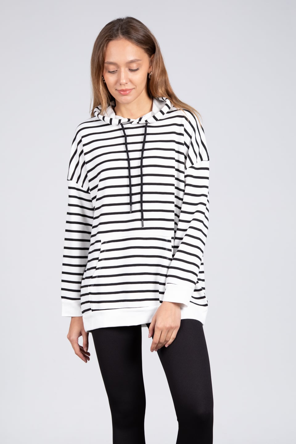 Kapüşonlu çizgili sweatshirt-5041 Siyah Çiz.