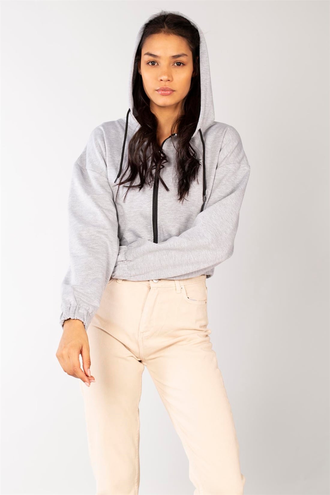 Kapüşonlu Crop Fermuarlı Sweat-Gri Melanj