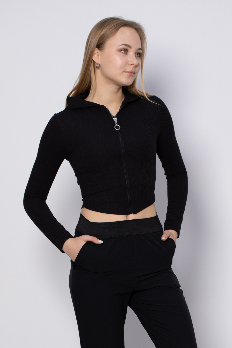 Kapüşonlu crop hırka-5507 Siyah