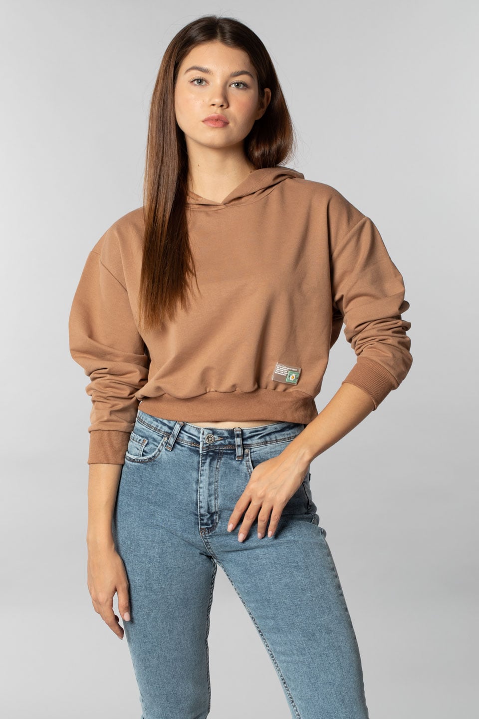 Kapüşonlu crop sweatshırt-9682 Sütlü Kahve 