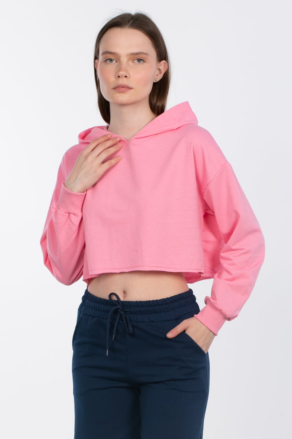 Kapüşonlu crop sweatshirt-DVN0826 Pembe