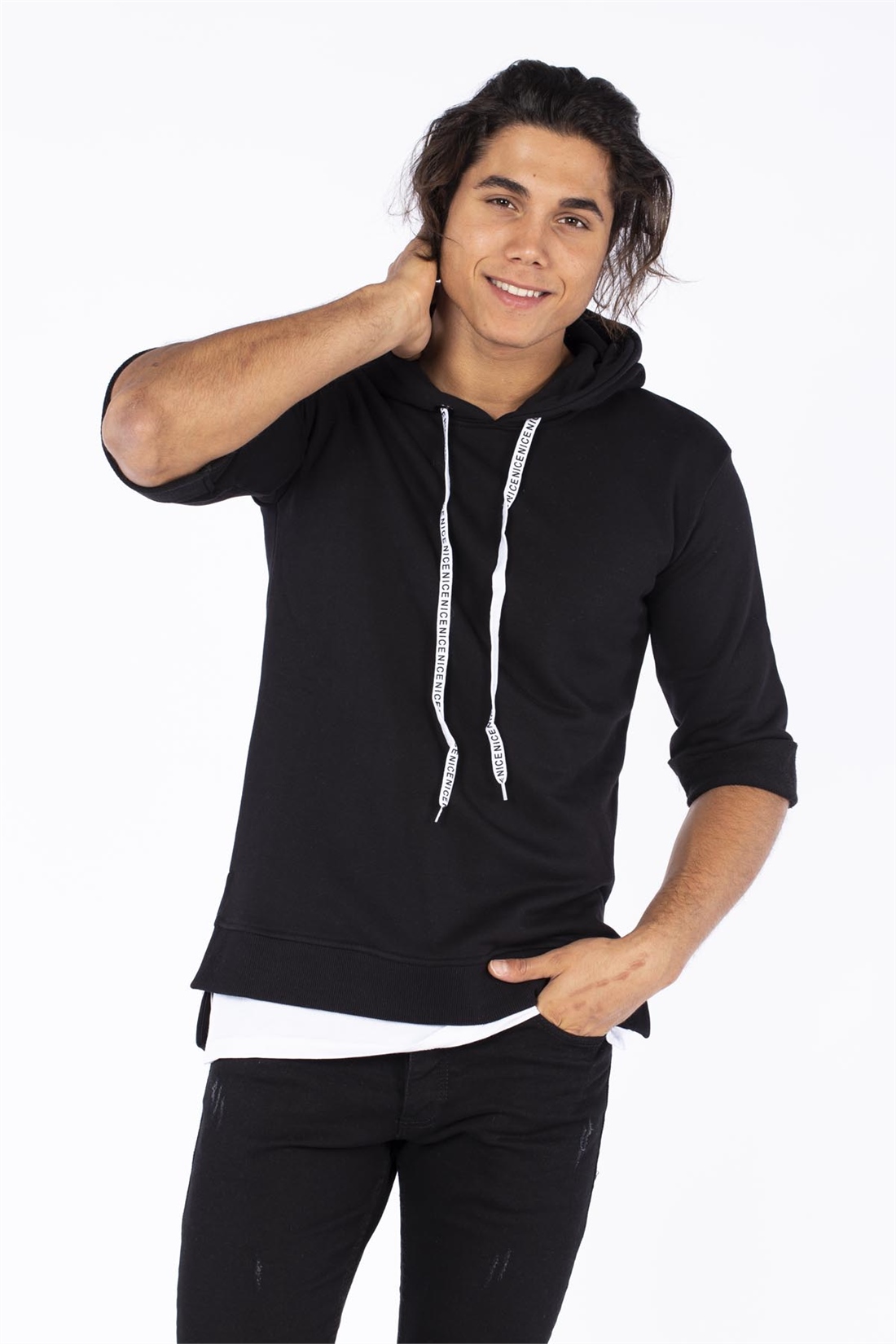 Kapüşonlu Double Kol Sweatshirt-Siyah