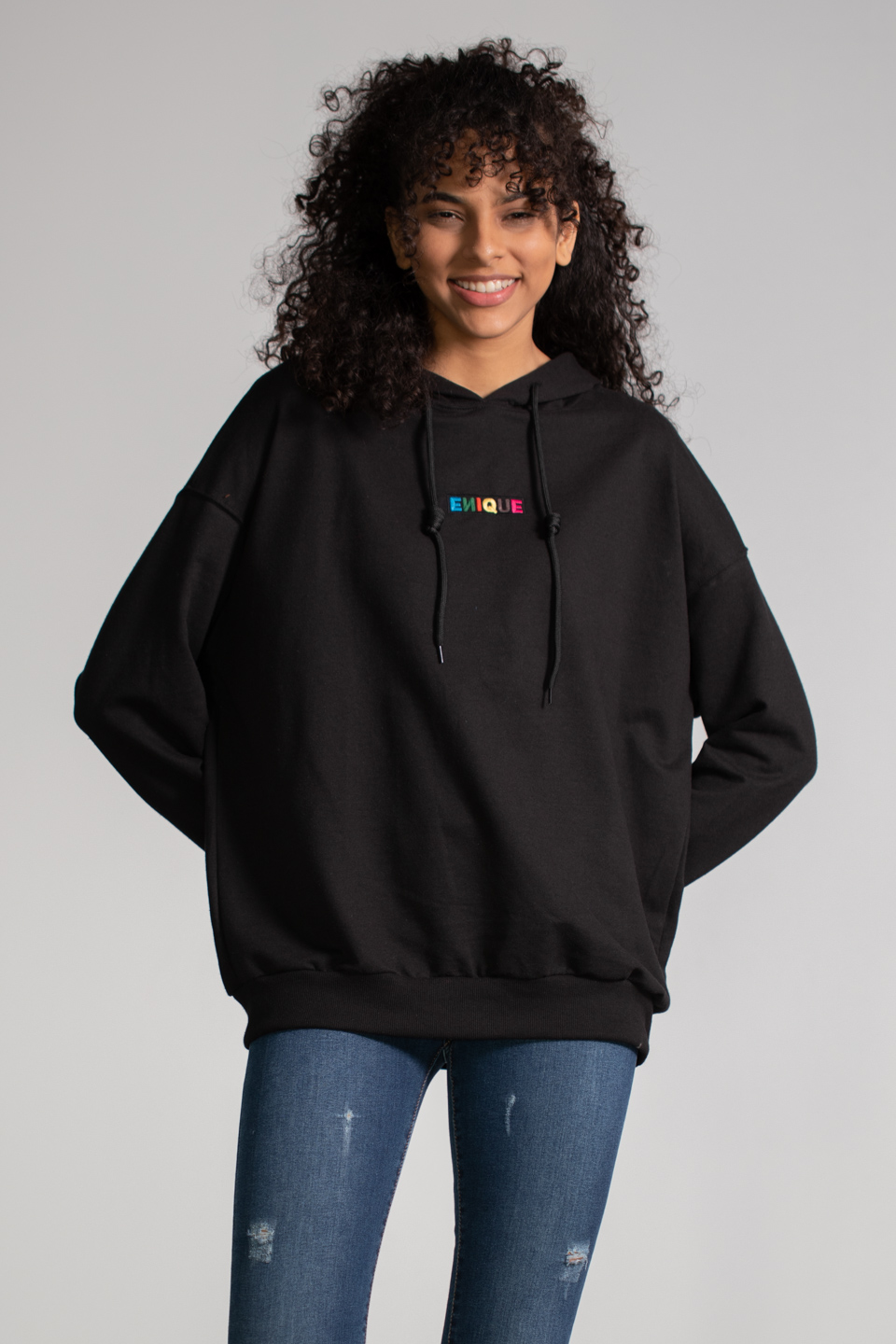 Kapüşonlu Enique Baskılı Sweatshirt - Siyah