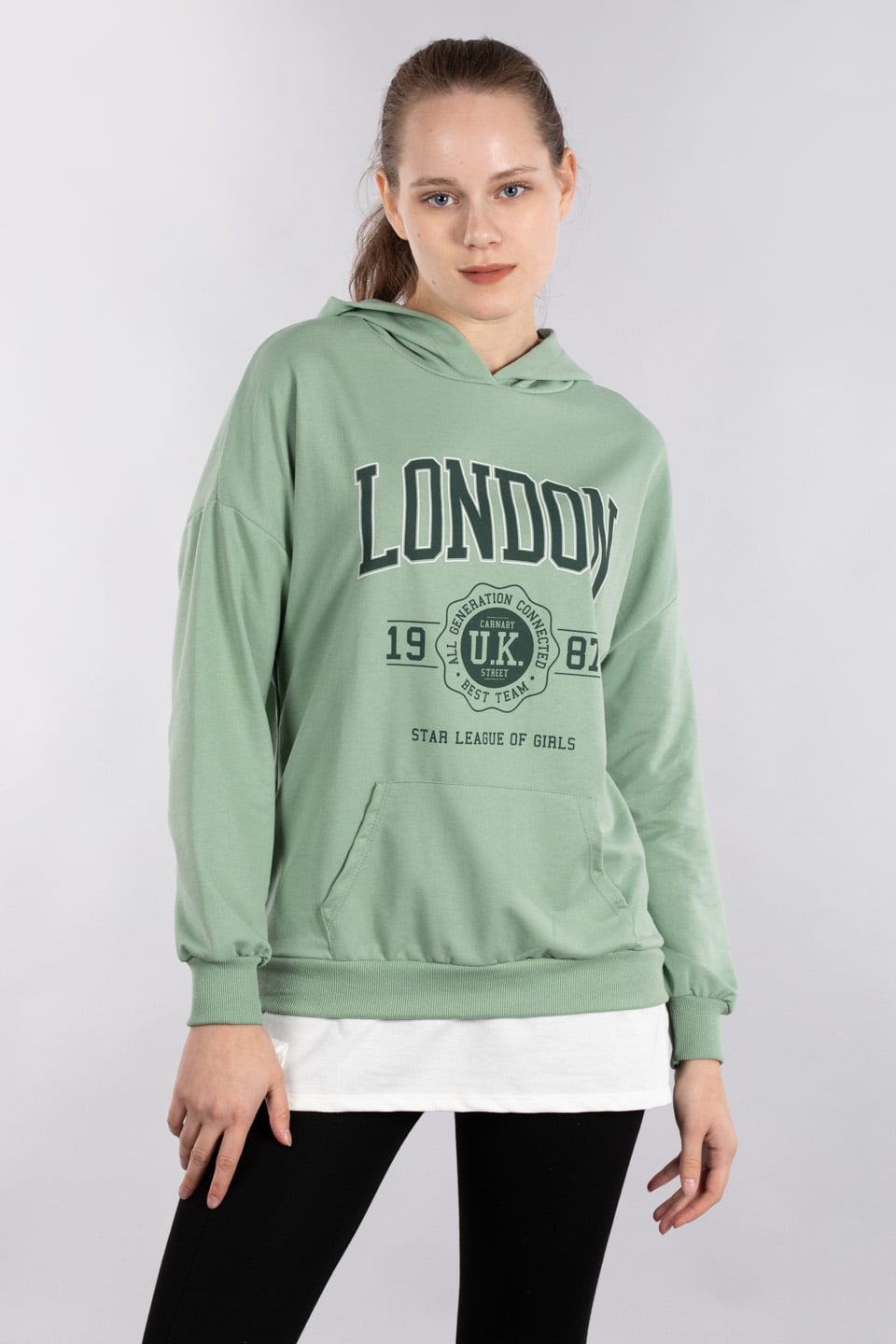 Kapüşonlu etek ucu penye garnili sweatshirt-9651 Mint
