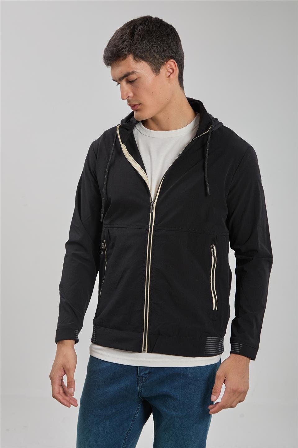 Kapüşonlu fermuarlı ceket-2897 Siyah